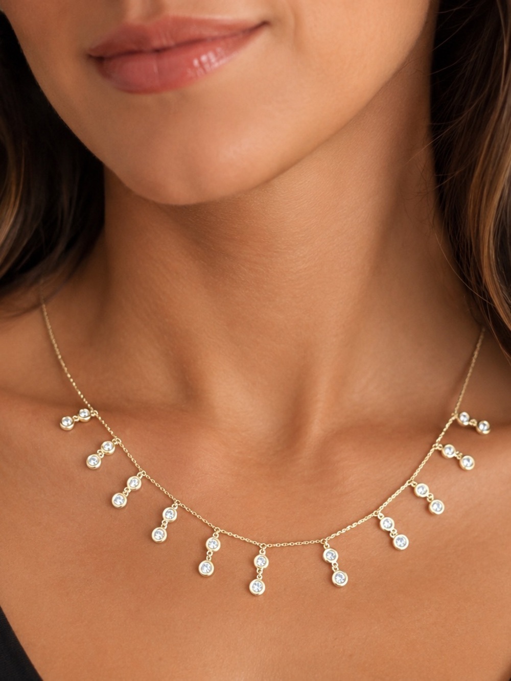 Diamond 14K Gold Double Bezel Adjustable Magnetic Clasp Necklace 22 Drops